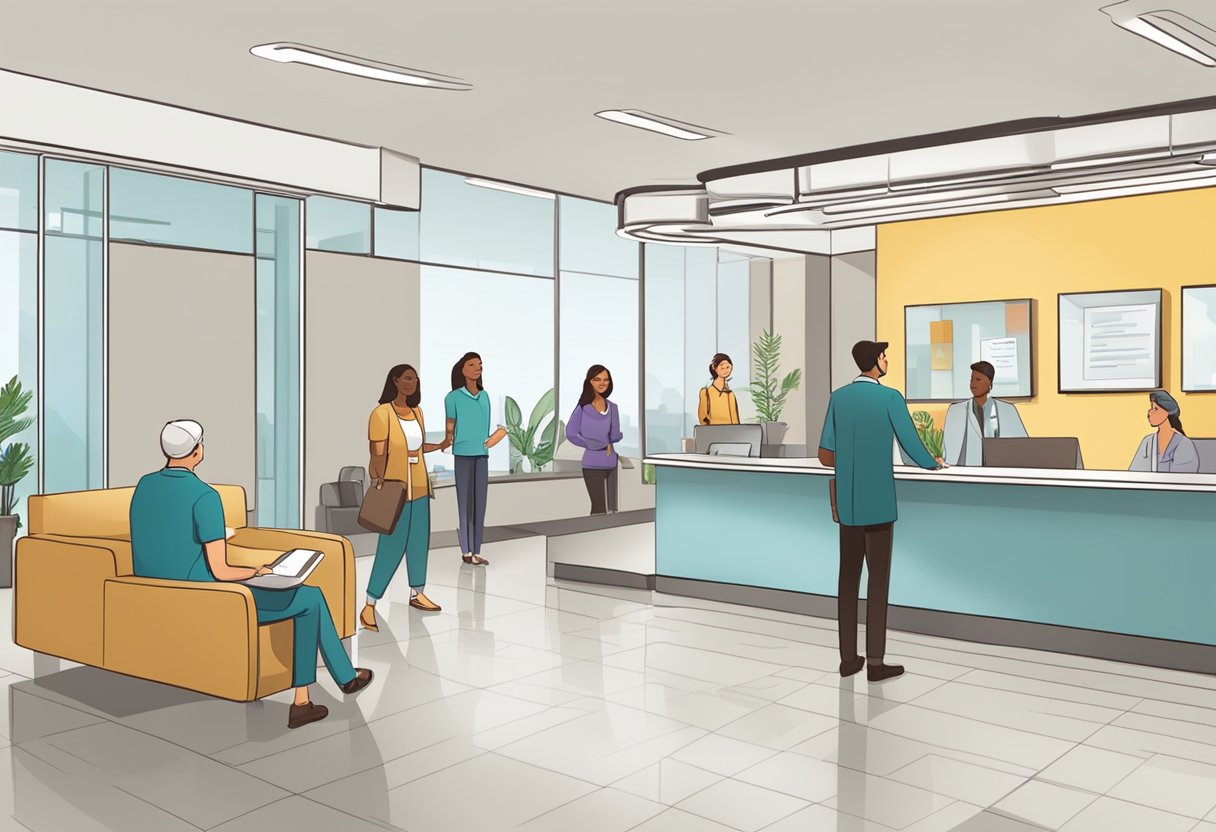 Patients waiting in a modern clinic lobby. A receptionist greets them. A sign reads "Frequently Asked Questions" for cardiology