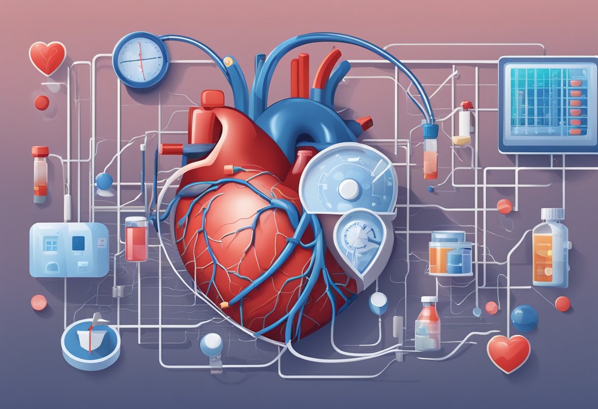 A heart with a stroke symbol above it, surrounded by a web of interconnected blood vessels, and a background of hospital equipment and medication