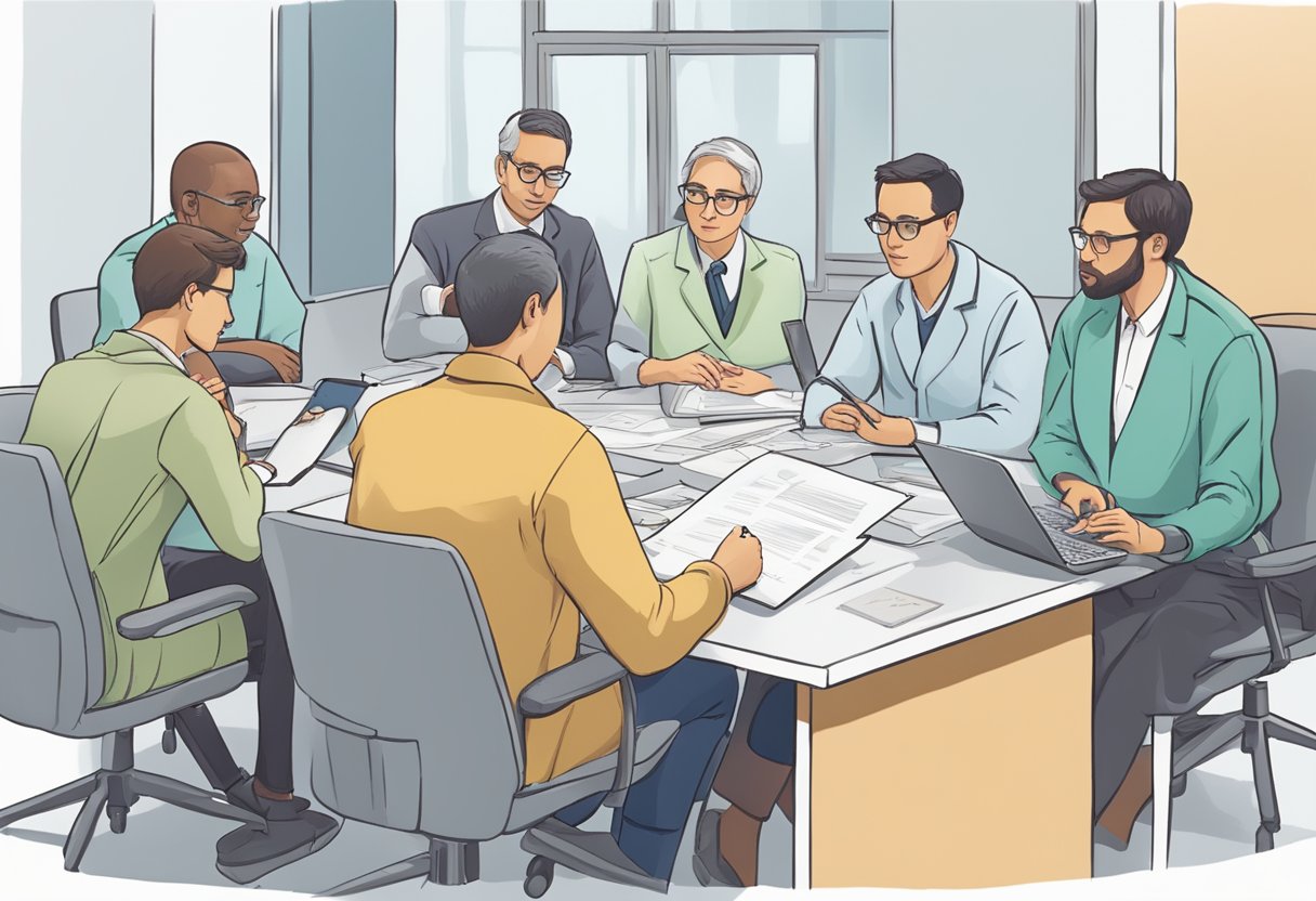 A group of researchers reviewing data and discussing safety profile and adverse event management in a carvedilol heart failure trial