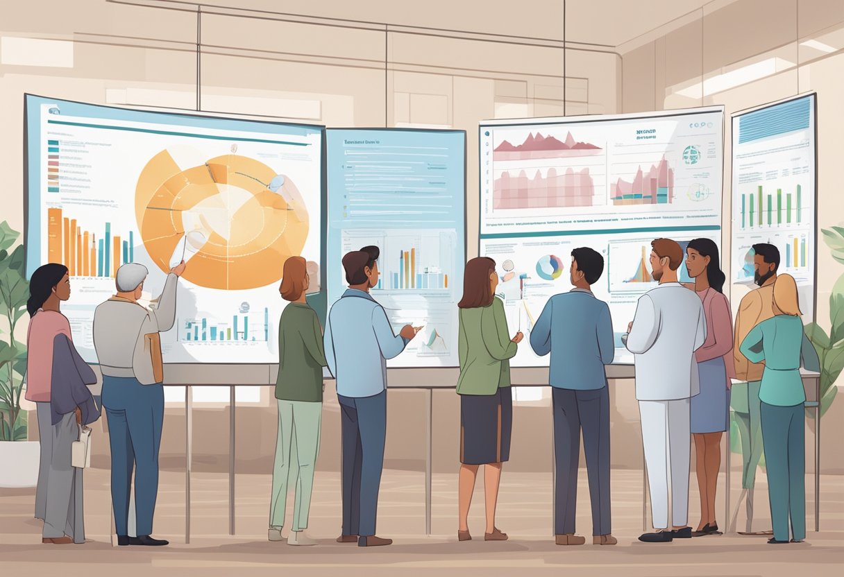 A group of people gathered around a display board, discussing the results of the carvedilol heart failure trial. The atmosphere is serious and focused, with charts and graphs visible in the background