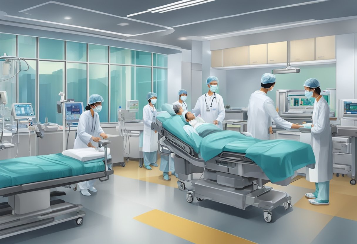 The Novena Heart Centre in Singapore bustles with activity as medical staff attend to patients, and state-of-the-art equipment fills the modern facility