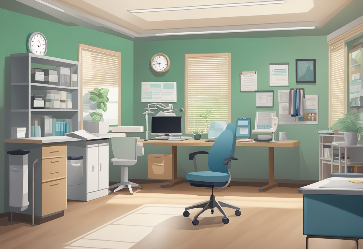 A doctor's office with a desk, computer, and medical equipment. A sign on the wall reads "Frequently Asked Questions for Bernard Ee, Cardiologist."