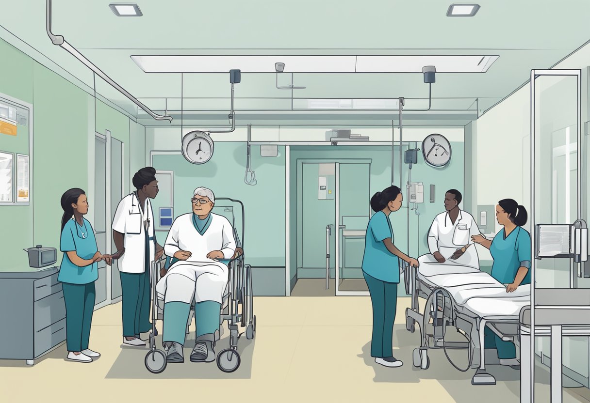 A patient with CHF after a stroke, receiving treatment and monitoring from medical staff in a hospital setting