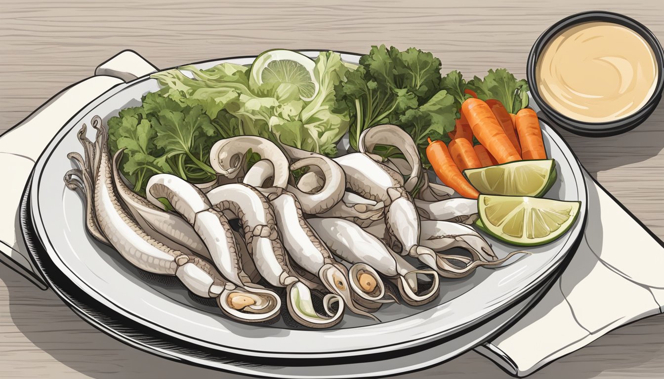 A plate of cooked squid with a side of fresh vegetables, accompanied by a small bowl of dipping sauce. A nutrition label for squid is displayed nearby