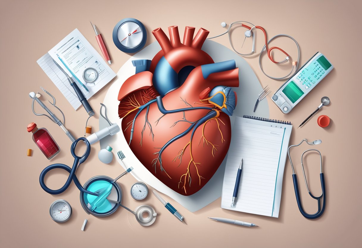 A heart with a blocked artery, surrounded by medical equipment and a cardiologist's notes