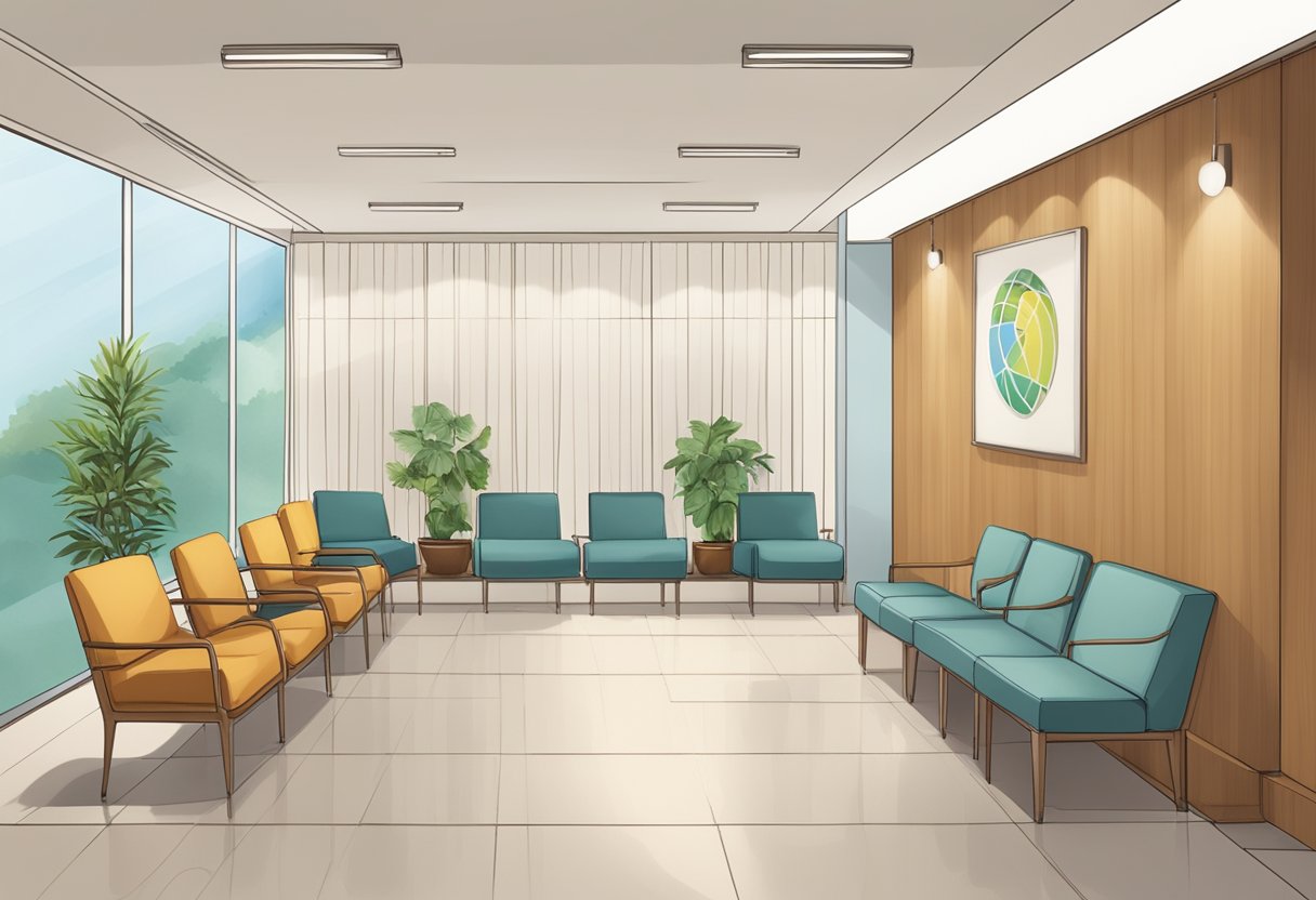 A serene waiting room with a reception desk, comfortable seating, and a sign displaying "Frequently Asked Questions Novena Heart Centre."