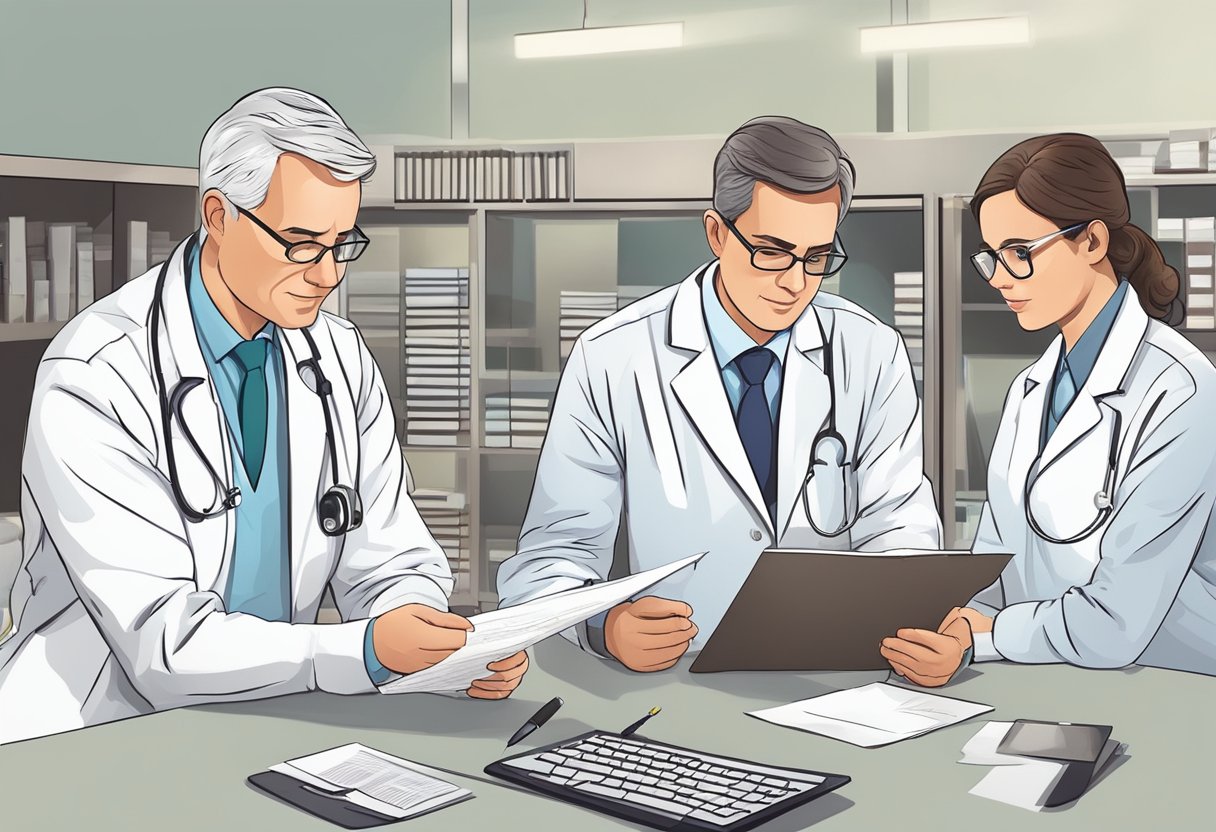 A cardiologist reviews test results and consults with colleagues to develop a treatment plan for a patient with heart disease