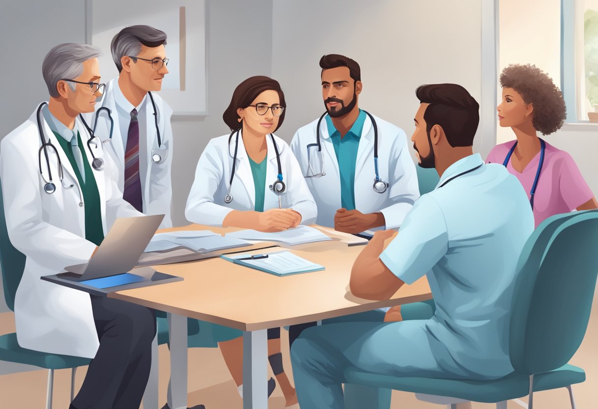 A doctor surrounded by patients, answering questions about cardiology
