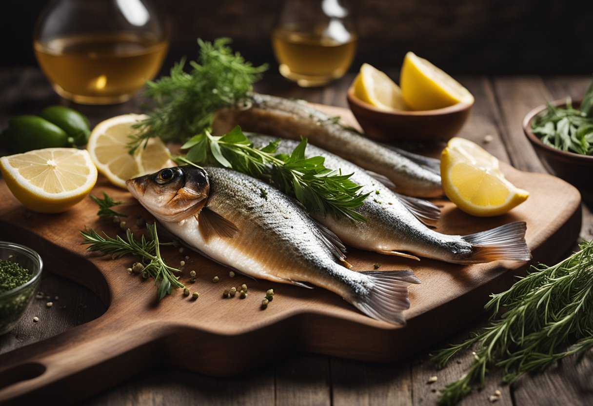 A pile of smoked fish on a wooden cutting board with a scattering of herbs and lemon slices. A faint wisp of smoke rises from the fish, adding to the rustic ambiance