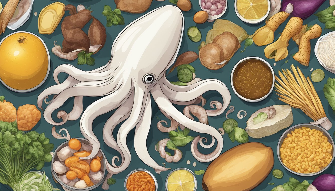 A squid surrounded by a variety of foods, with a spotlight on its nutrition label