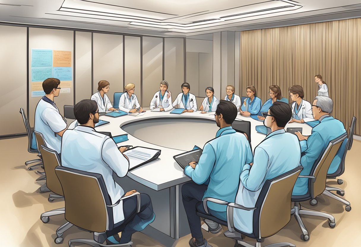 A group of doctors and researchers discussing and classifying cyanotic congenital heart disease in a conference room