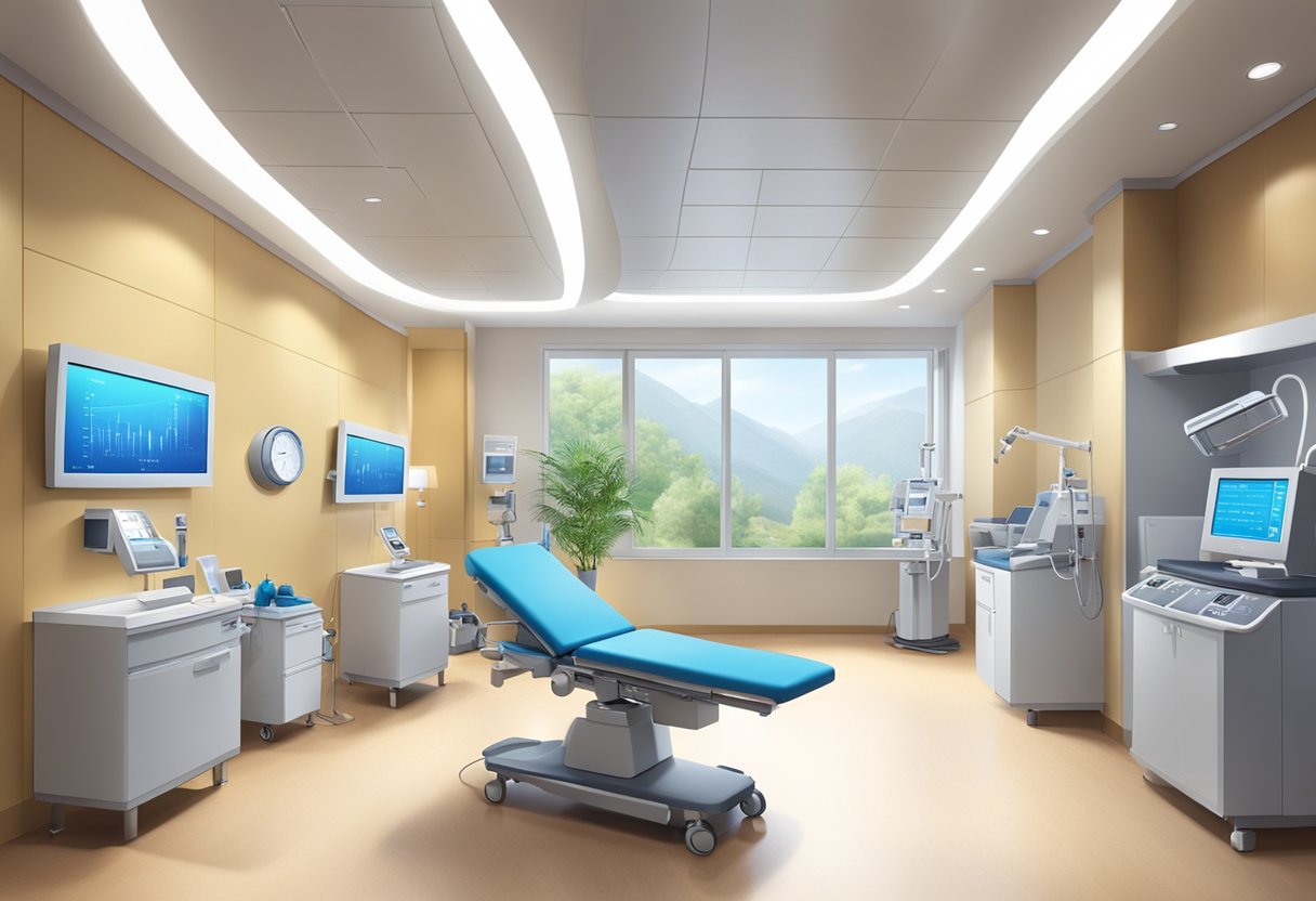 A modern, state-of-the-art cardiac center with advanced medical equipment and a calming, welcoming atmosphere