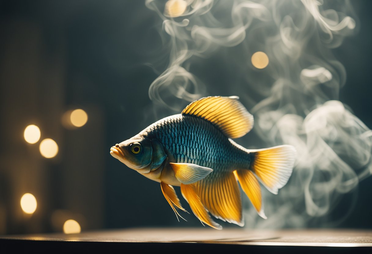 Fish hanging in a smoky room, surrounded by billowing smoke