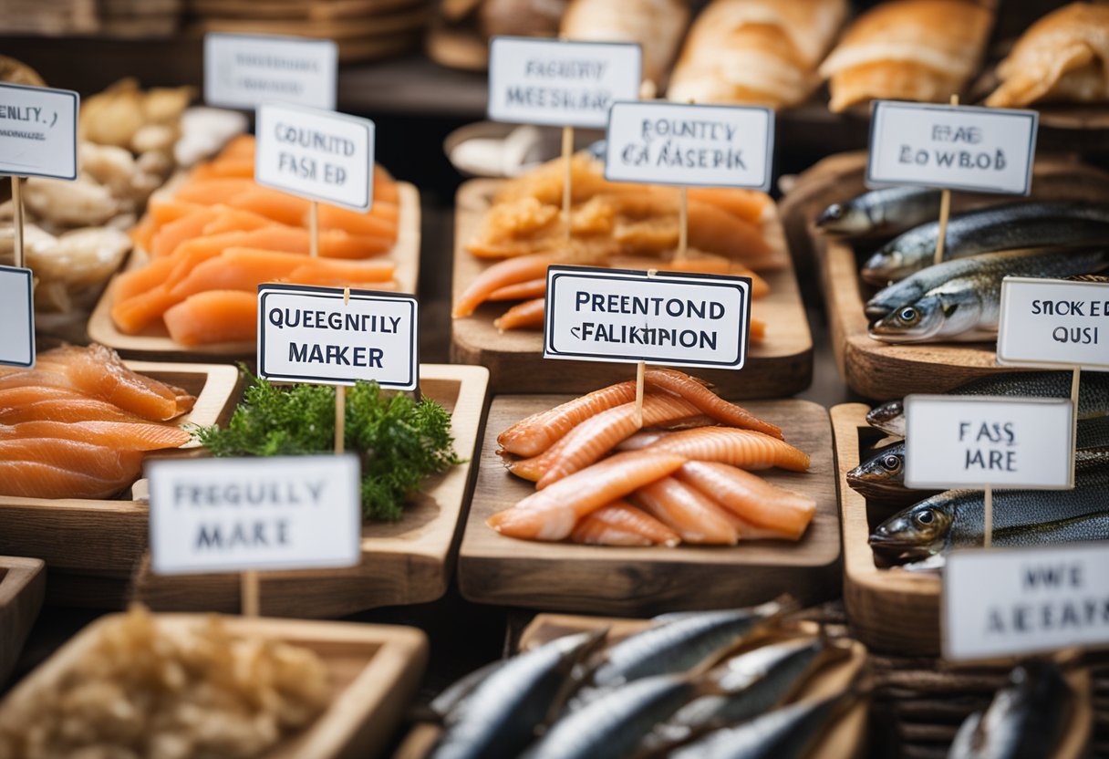 A variety of smoked fish displayed on a wooden board with a sign reading "Frequently Asked Questions" in a rustic seafood market