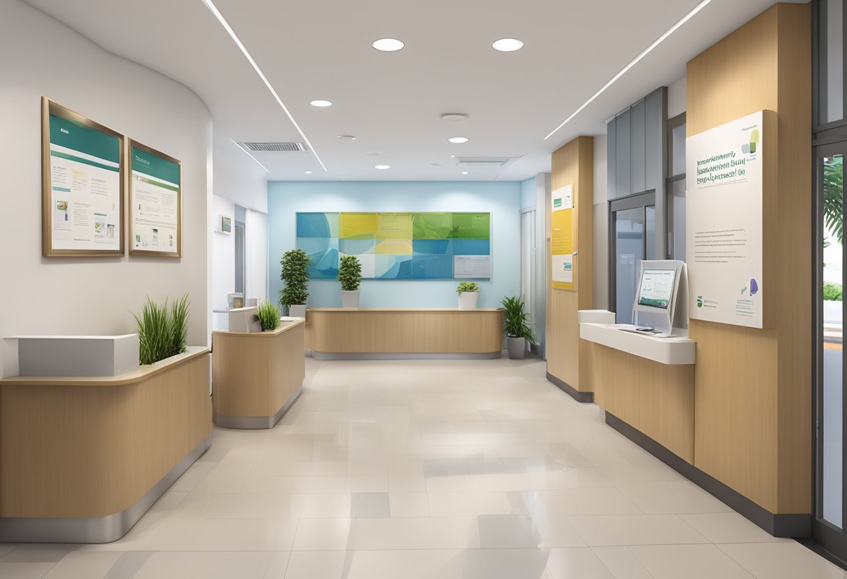 A welcoming reception area with brochures and information boards at Singapore Heart Centre