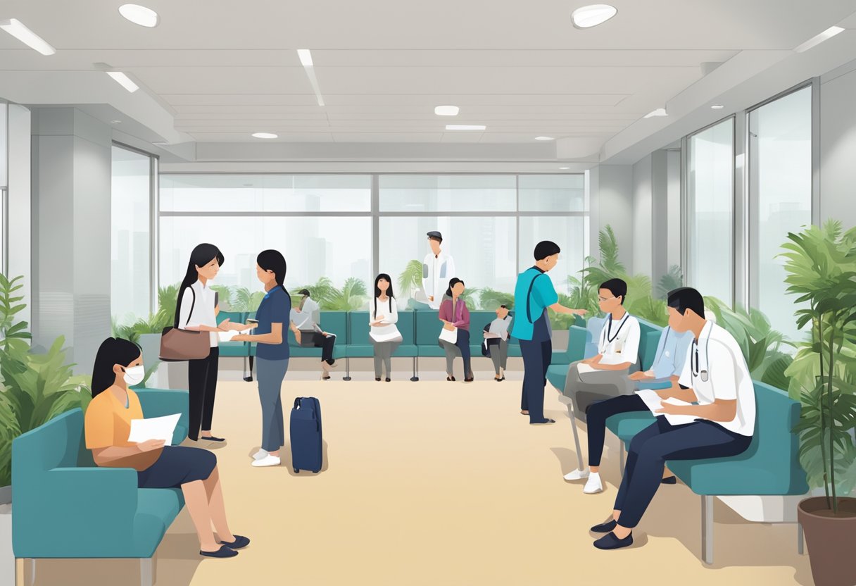 A bustling waiting area at Singapore Heart Centre, with patients filling out forms and staff assisting with inquiries