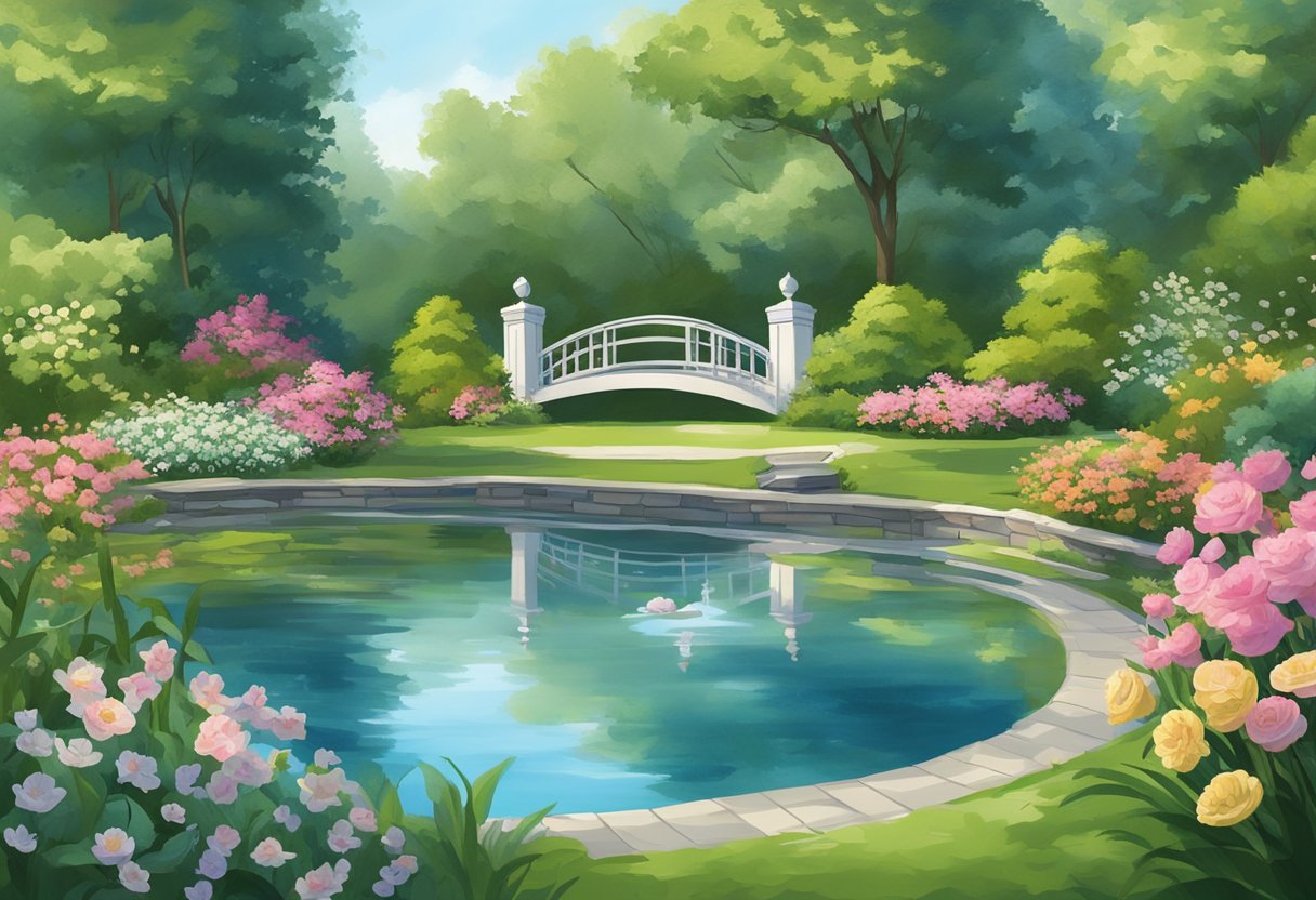 A serene garden with blooming flowers and a peaceful pond at the center, surrounded by lush greenery and a clear blue sky above
