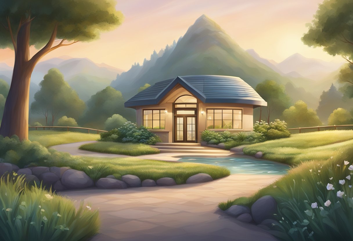 A serene heart centre with a sign reading "Frequently Asked Questions" surrounded by peaceful nature and a sense of tranquility