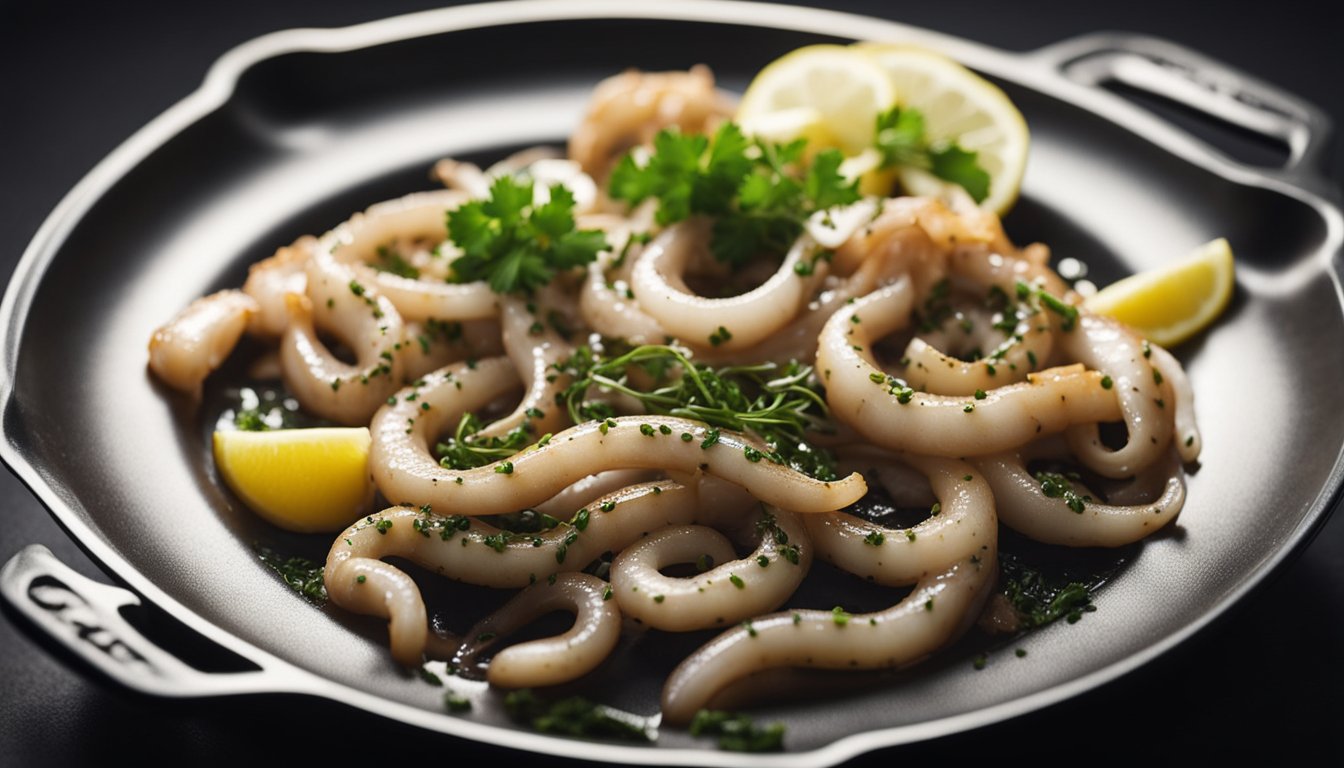 Squid tentacles sizzling in a hot pan, being gently turned and seasoned with aromatic herbs and spices. A recipe book open to a page detailing the steps for preparing a delicious squid dish