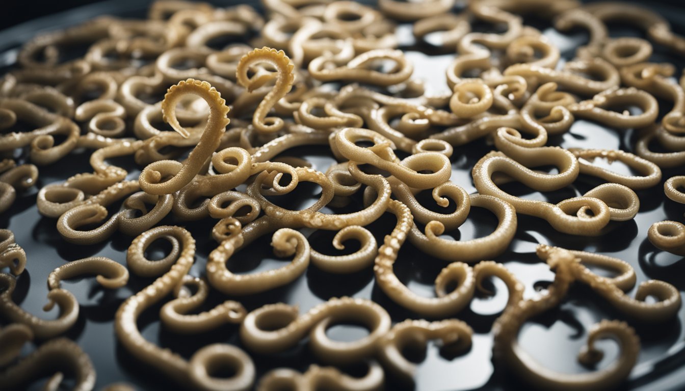 A plate of squid tentacles surrounded by question marks