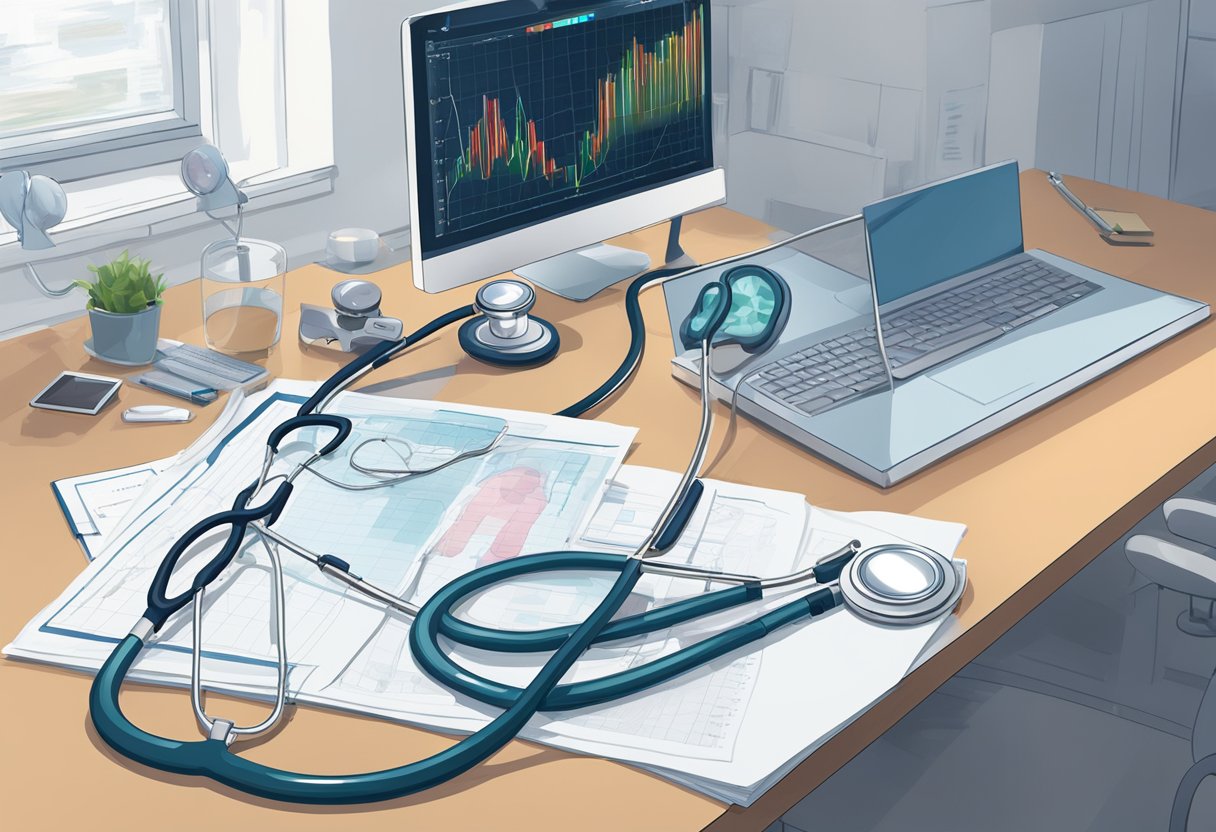 A stethoscope hangs from a white coat on a chair, next to a desk cluttered with medical charts and a computer screen displaying heart scans