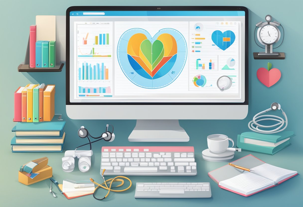 An orderly desk with a stethoscope, medical textbooks, and a computer displaying heart diagrams