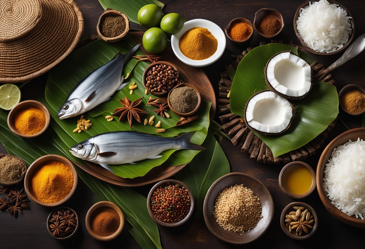 A table set with colorful spices, fresh fish, and coconut, surrounded by traditional Sri Lankan kitchen utensils