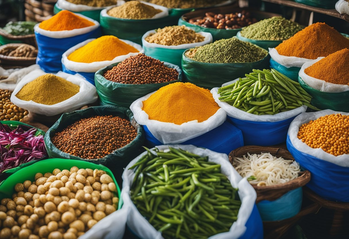 A vibrant market stall displays fresh fish, aromatic spices, and vibrant vegetables, ready to be transformed into traditional Sri Lankan fish sambal