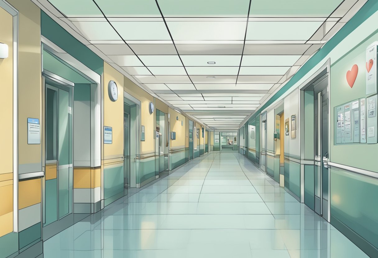A busy hospital hallway with signs for Cardiac Services and Patient Information. A doctor's name, Alfred Cheng, cardiologist, is displayed prominently