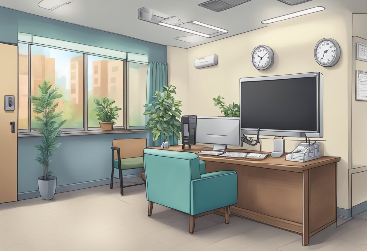 A doctor's office with a desk, computer, and waiting area. A sign reads "Frequently Asked Questions - Alfred Cheng, Cardiologist."