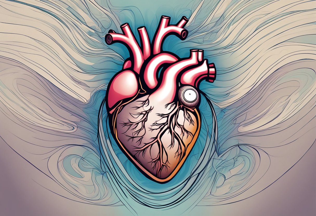 A heart pounding against a ribcage, surrounded by swirling lines to depict the sudden rapid heartbeat and the confusion of the person experiencing it