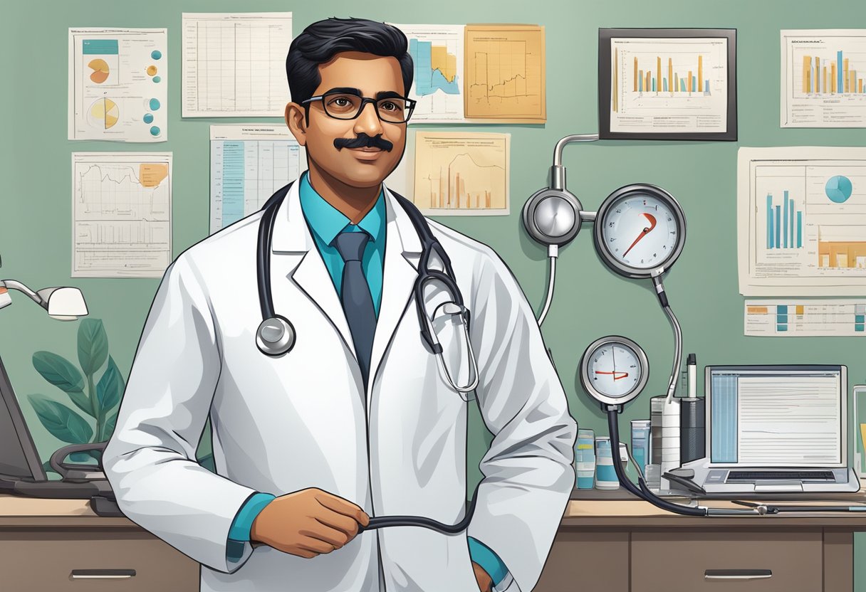 Dr. Dinesh, a cardiologist, stands confidently with a stethoscope around his neck, surrounded by medical equipment and charts