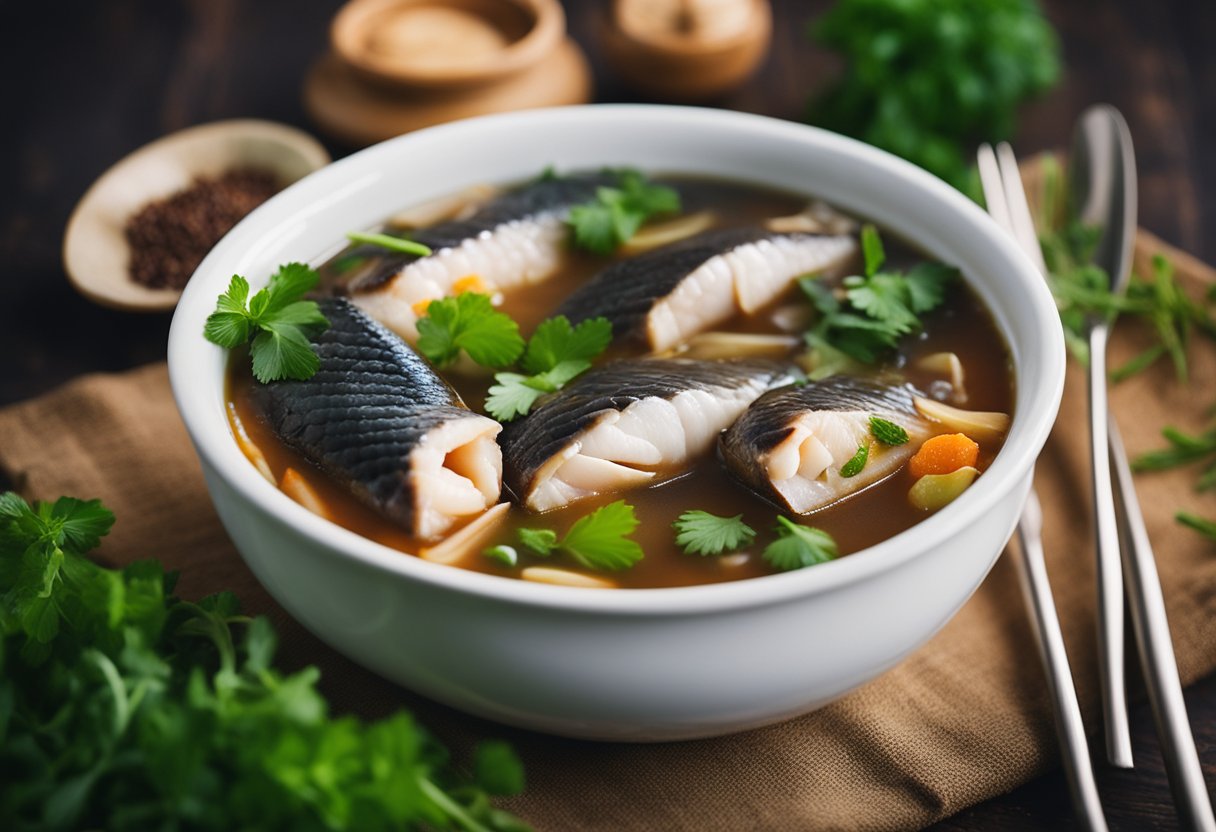 A steaming bowl of snakehead fish soup with chunks of tender fish, fresh herbs, and aromatic spices floating on the surface