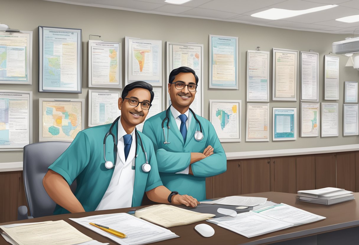 Dr. Dinesh, a successful cardiologist, stands proudly in front of his wall of achievements and medical certifications