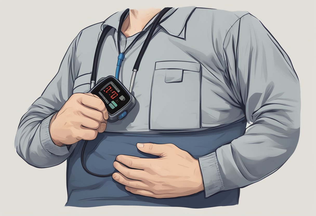 A person clutching their chest, grimacing in pain, with a blood pressure monitor showing dangerously high readings