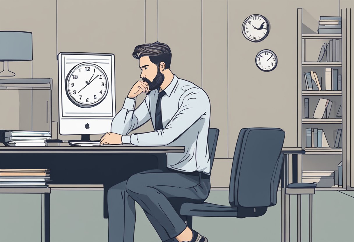 A person sitting at a desk, holding their chest with a concerned expression while looking at a clock showing a sudden increase in heart rate