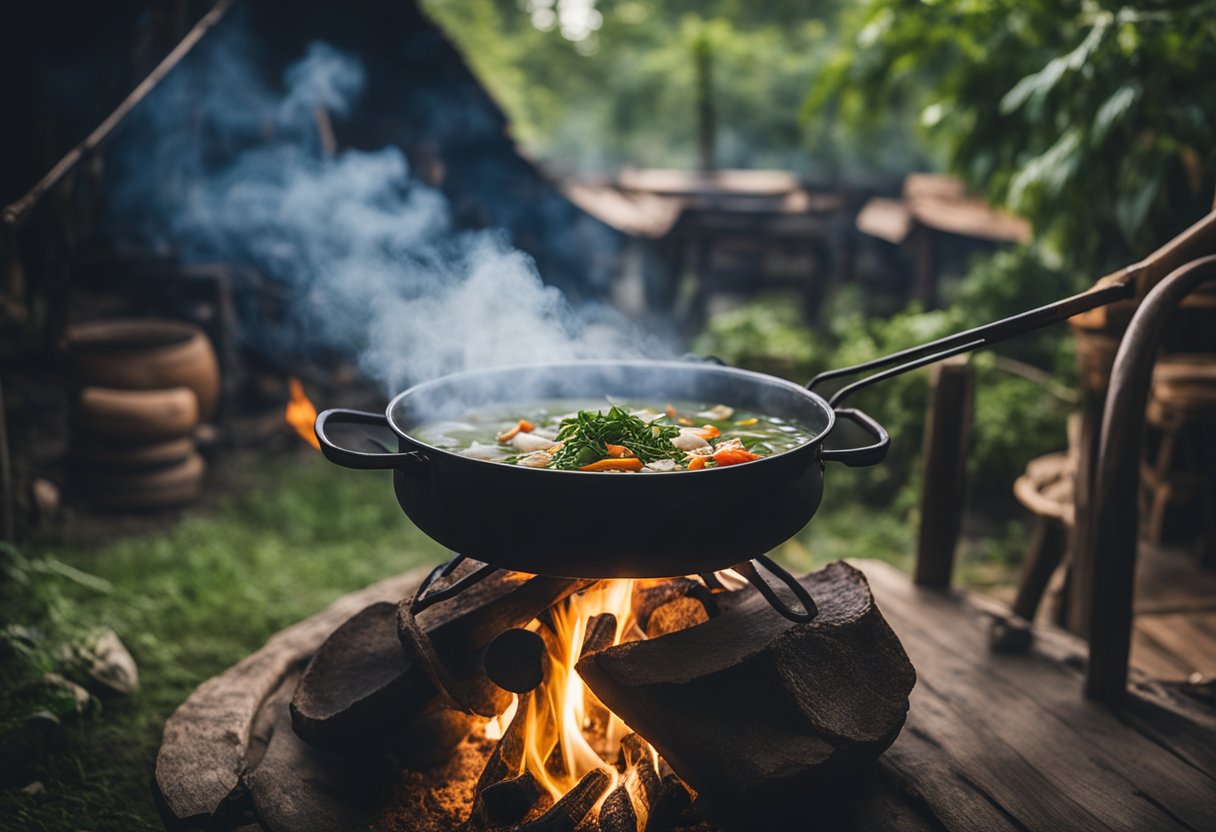 A large pot simmering over a fire, filled with snakehead fish, aromatic herbs, and vegetables. Steam rises as the soup cooks, symbolizing the cultural significance of this traditional dish