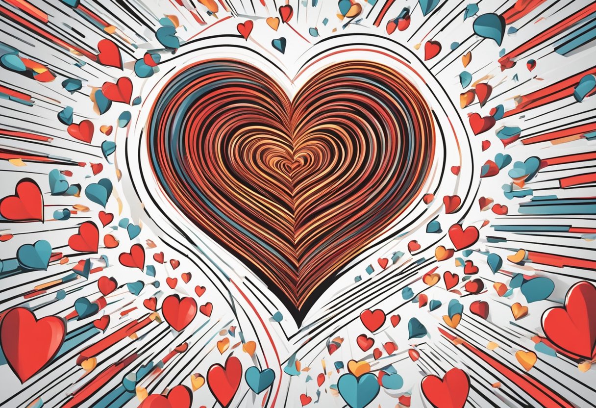 A pulsating red heart surrounded by question marks, with speed lines indicating rapid movement