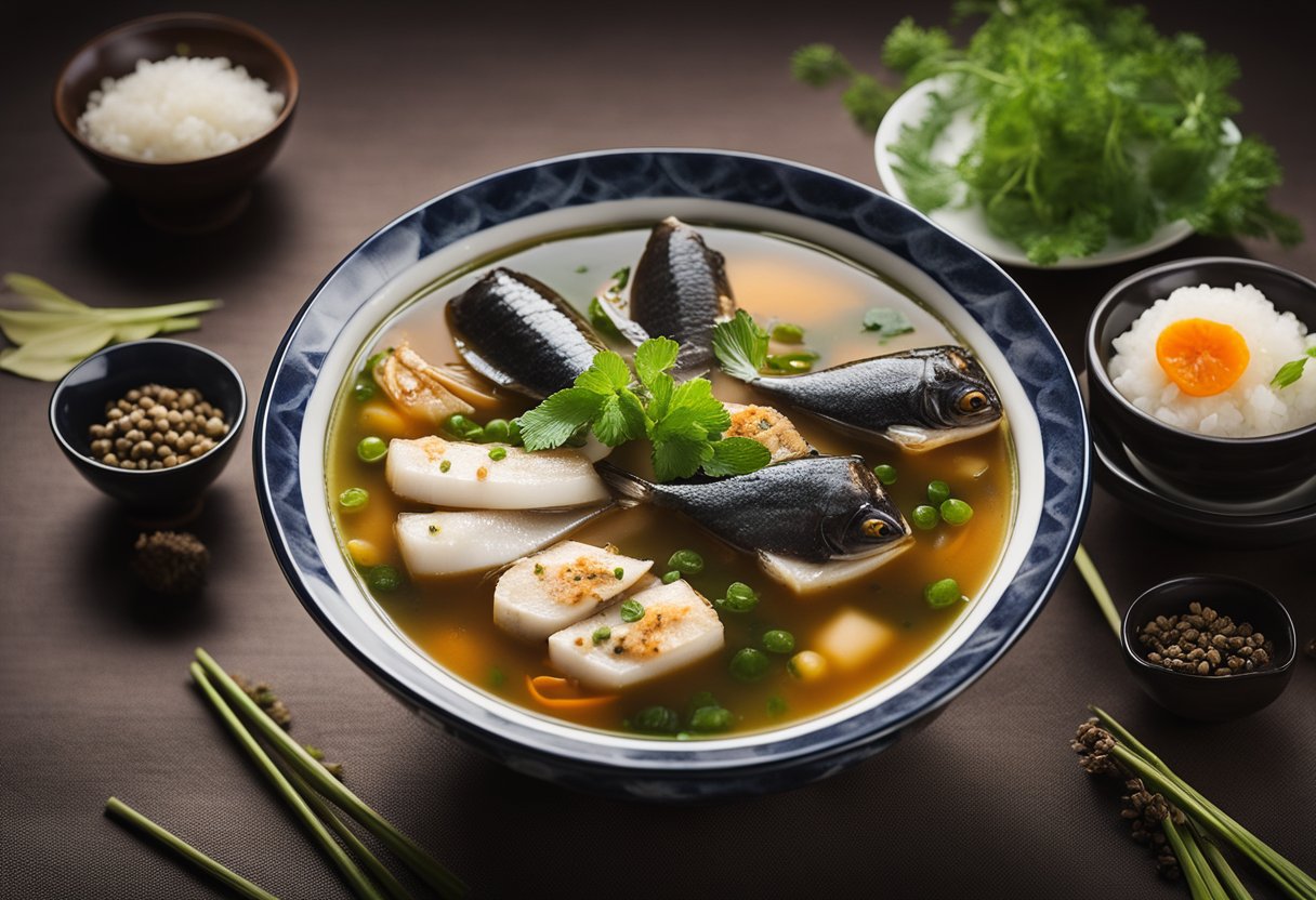 A steaming bowl of snakehead fish soup with floating herbs and spices, surrounded by a stack of empty bowls and chopsticks