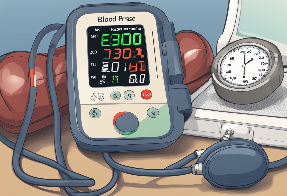 A blood pressure monitor beeping rapidly next to a heart attack warning sign