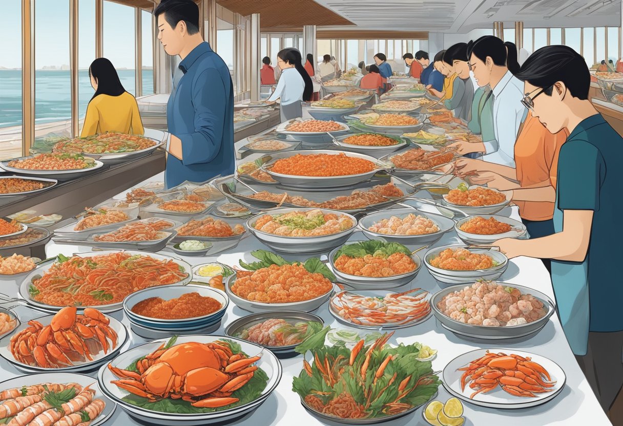 Diners selecting from a lavish spread of snow crab dishes at a bustling Singapore buffet