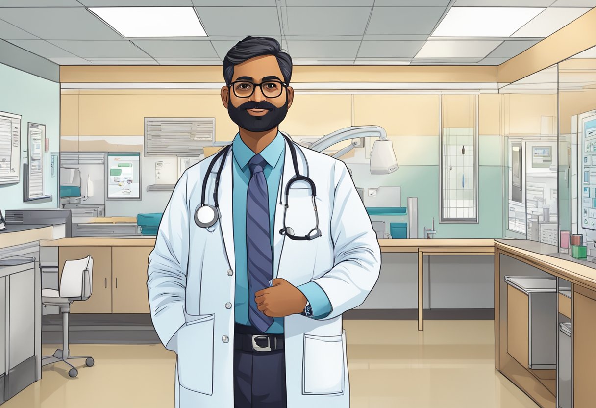 Dr. Dinesh, a cardiologist, stands in a bright, modern clinic. A sign reading "Frequently Asked Questions" hangs on the wall behind him