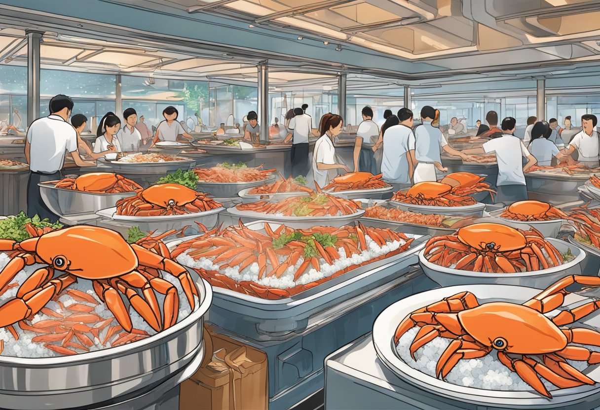 A table filled with piles of fresh snow crab legs, surrounded by eager diners at a bustling buffet restaurant in Singapore