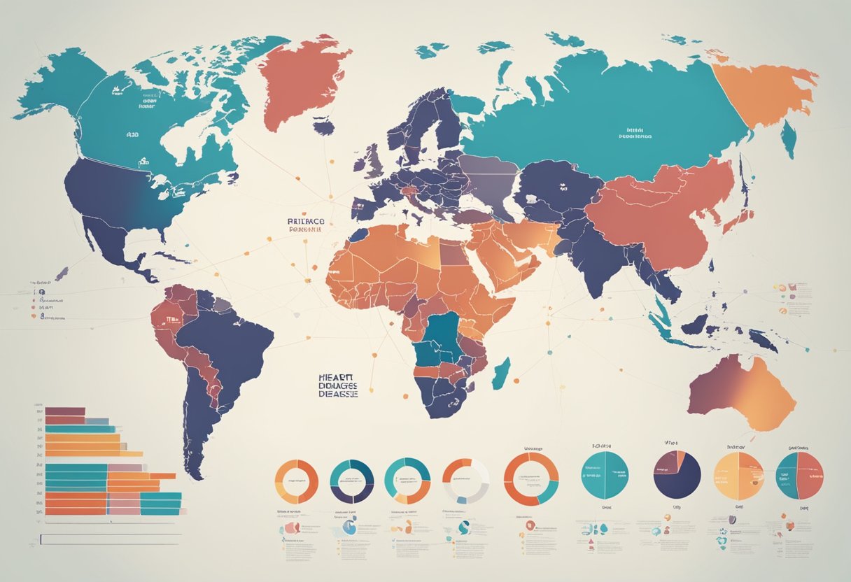 A heart-shaped map with data points showing the prevalence of heart disease in different regions. Graphs and charts surround it, illustrating risk factors and trends