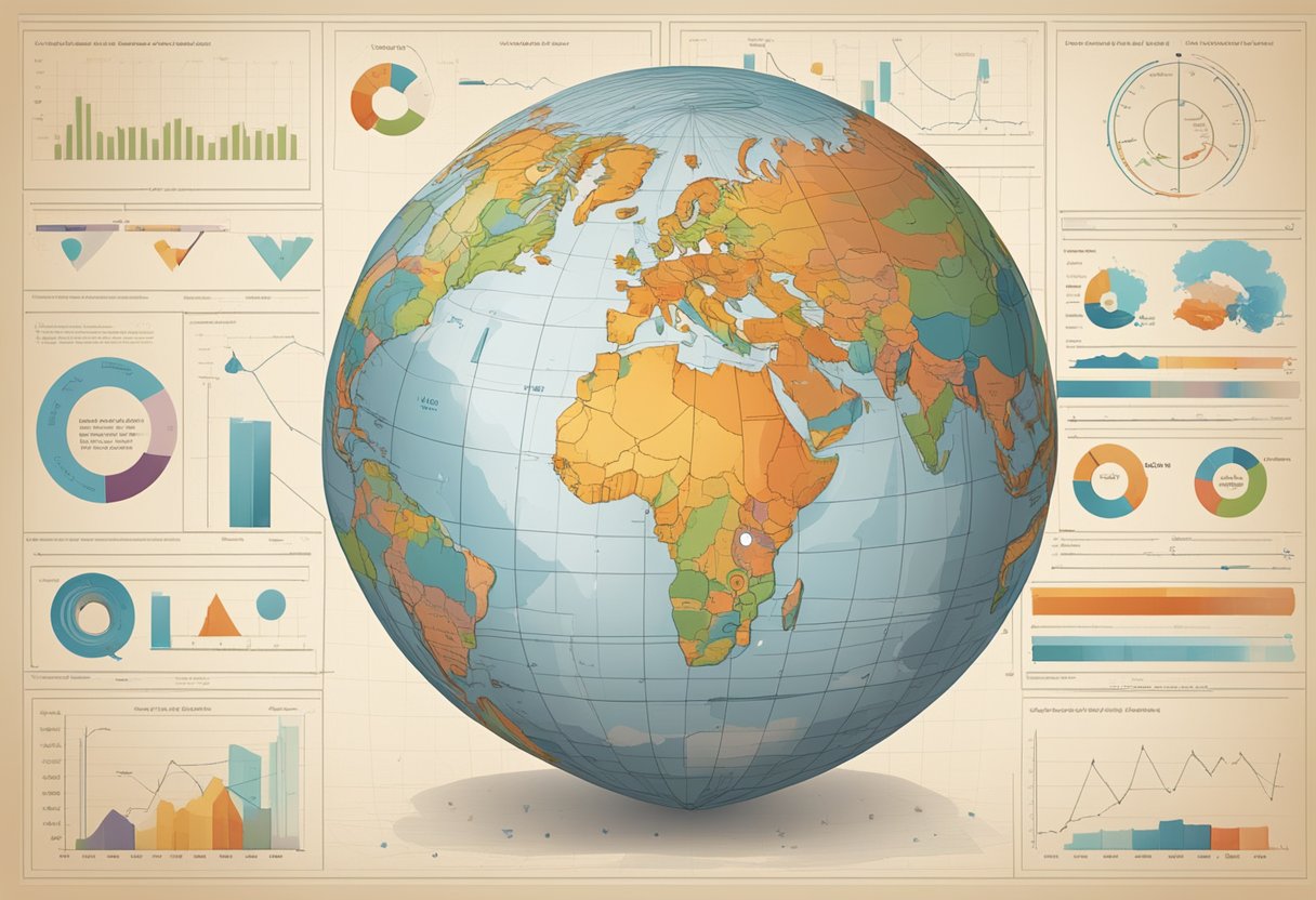 A heart-shaped globe surrounded by statistical charts and graphs, representing the epidemiology of heart disease