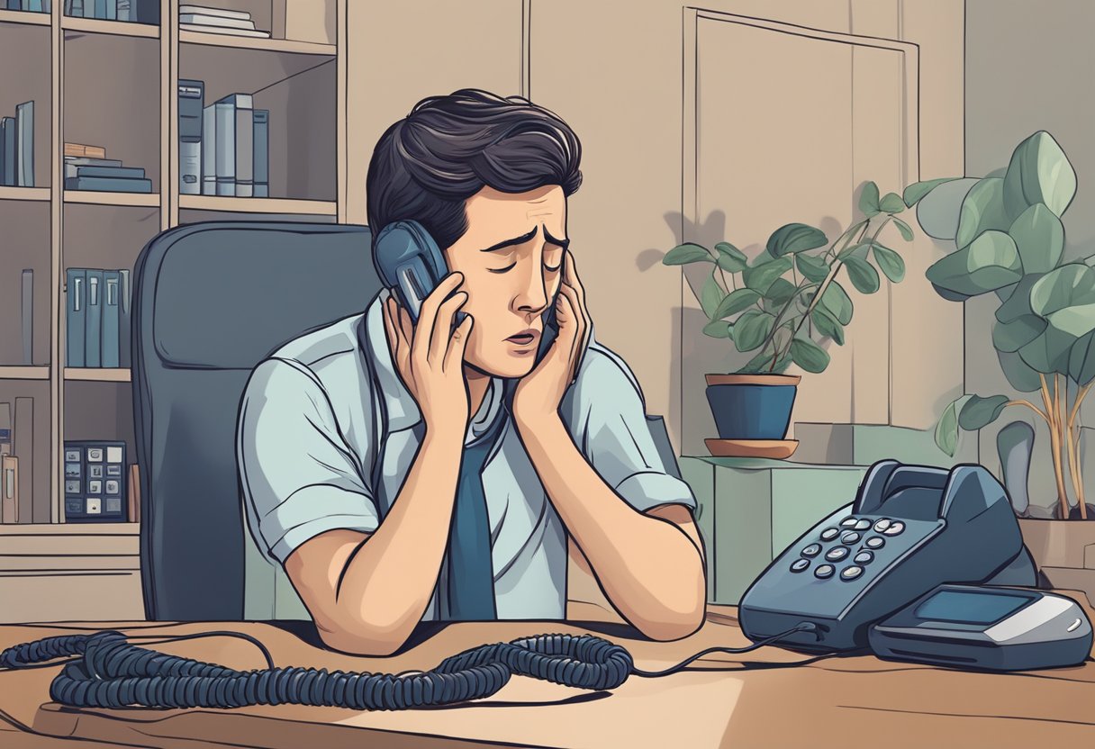 A person clutching their chest in pain, with a worried expression, while reaching for a phone to call for help
