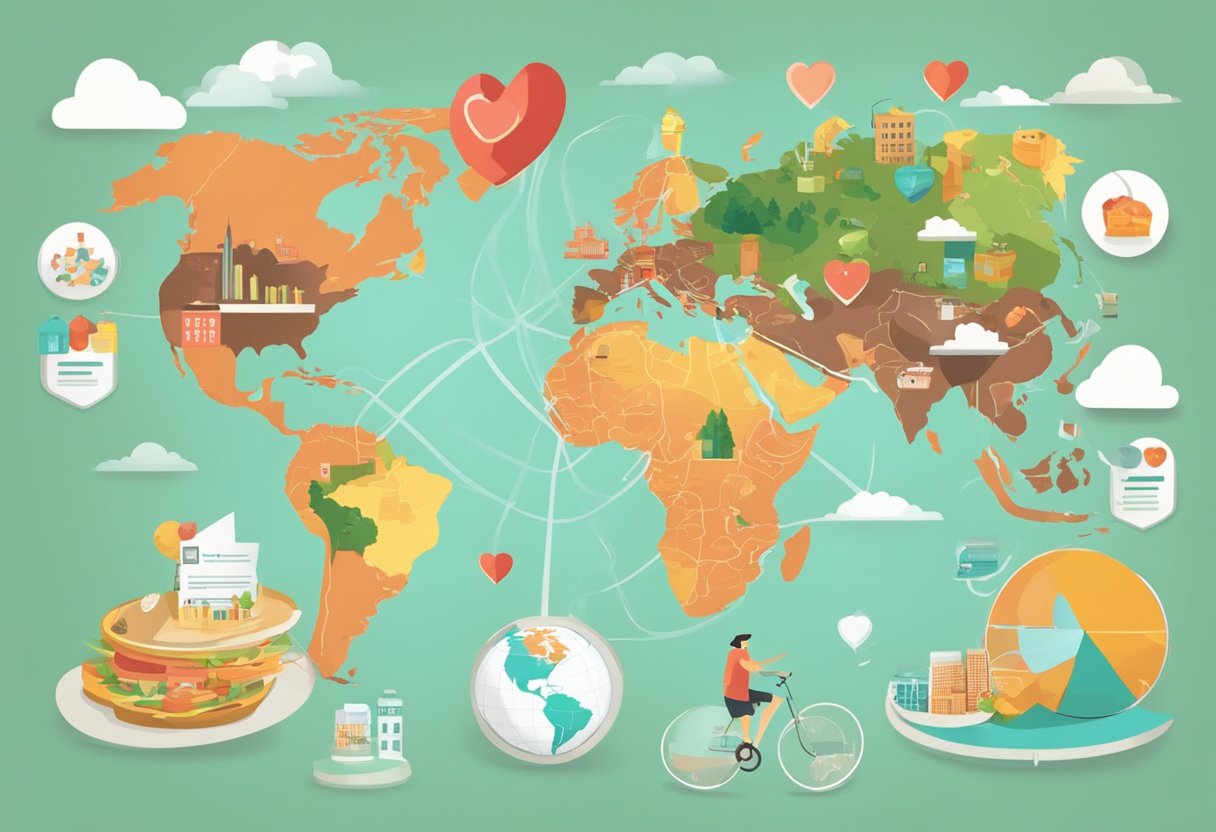 A heart-shaped world map surrounded by risk factors like smoking, unhealthy diet, and lack of exercise. Graphs show rising heart disease rates