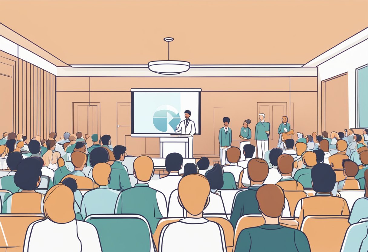 A crowded room with people raising hands, a presenter at a podium, and a screen displaying "Frequently Asked Questions: epidemiology of heart disease"
