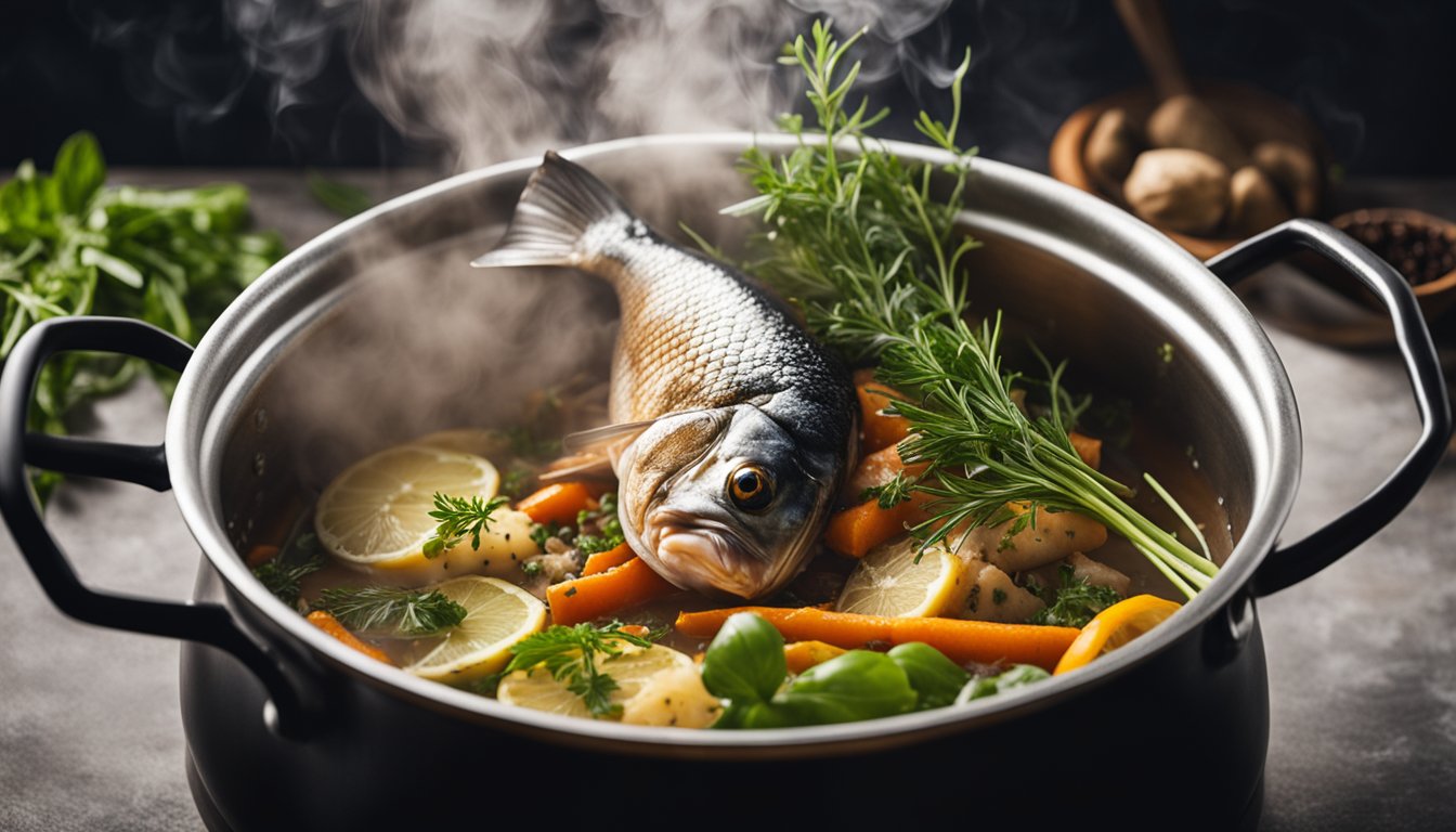 A steaming pot with a whole fish surrounded by aromatic herbs and spices, with steam rising from the pot