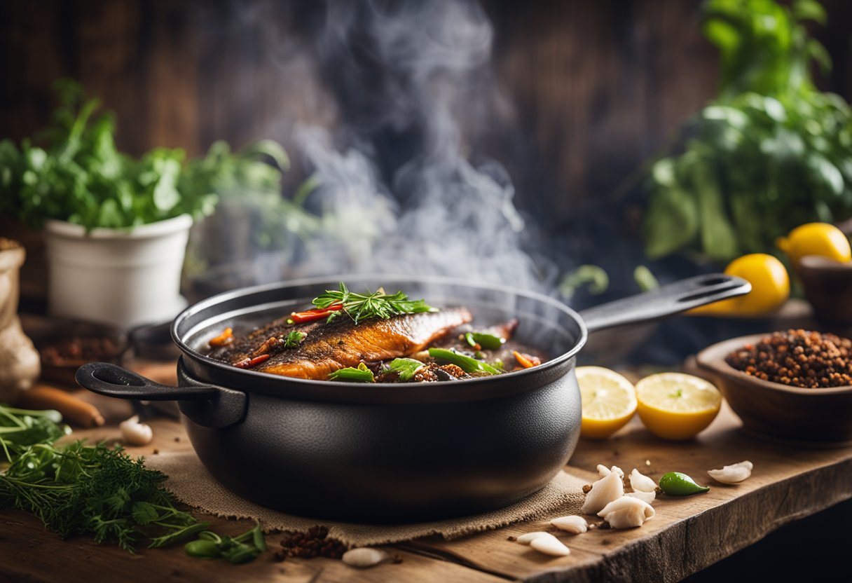 Steam rises from a pot of simmering fish, surrounded by vibrant Jamaican spices and herbs on a rustic wooden table